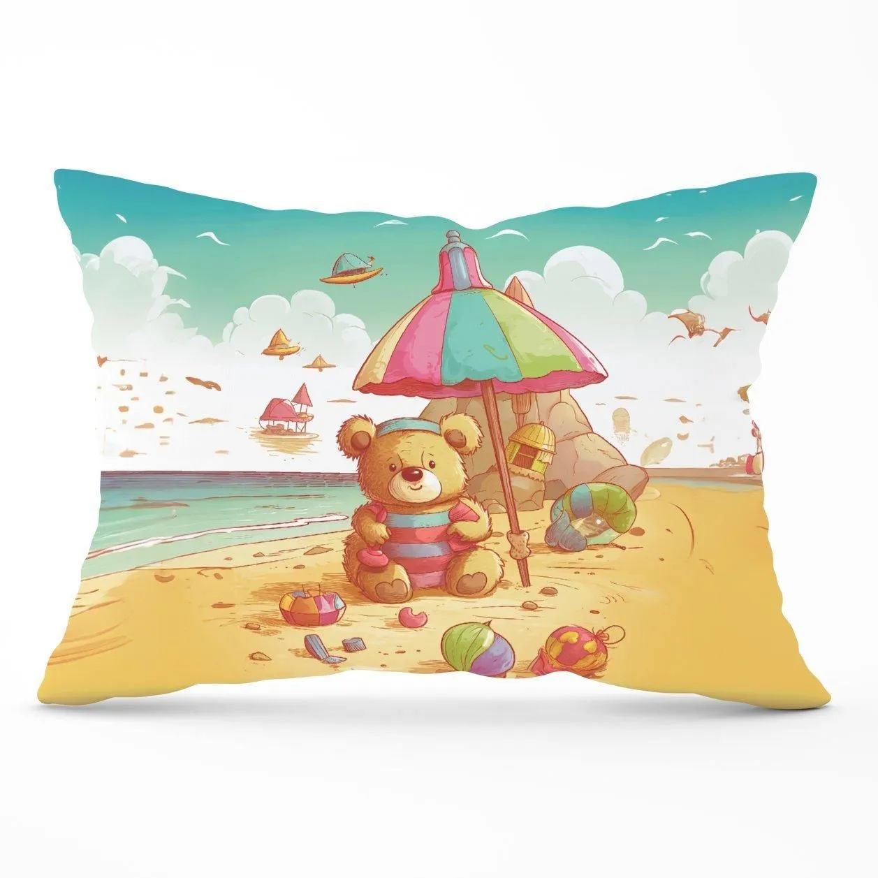Warren Reed - Designer Lucky Teddy Bear On A Beach Holiday Cushions in Yellow