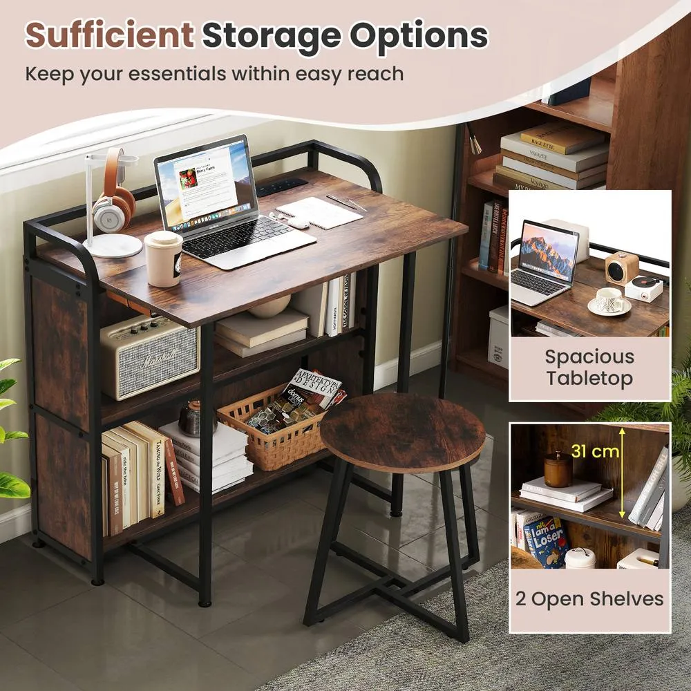 Costway Folding Table w/Stool 90 cm Computer Desk Set w/ AC Outlets in Brown 5