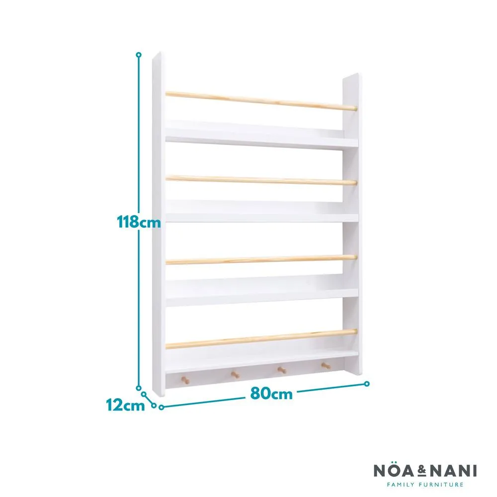 Nöa and Nani Elene Display Wide & Large Shelf Bookcase Wall Mounted & 4 Coathooks in White 4
