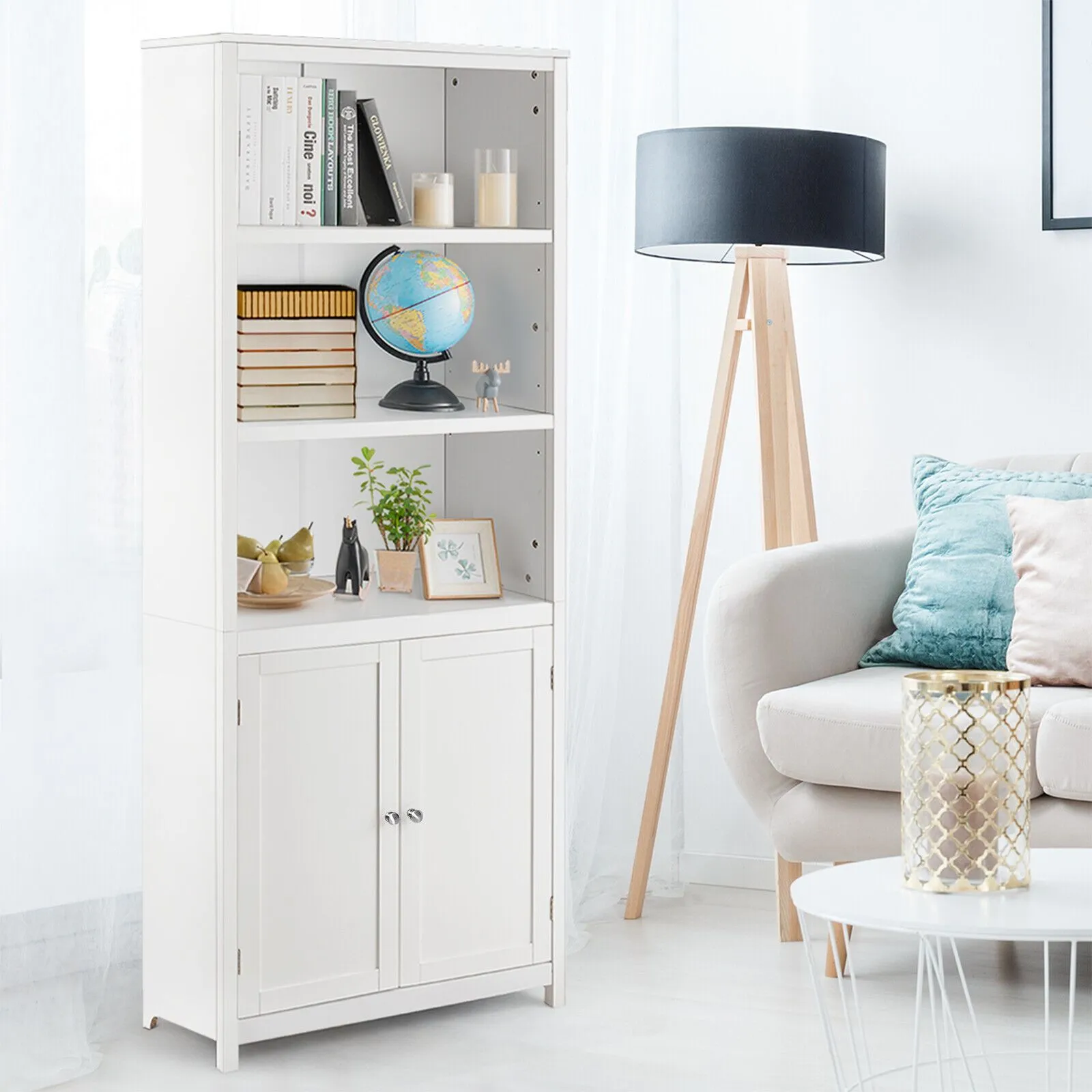 Costway Wooden Tall Bookcase 3-Tier Shelving Storage Cabinet 2 Doors Display Organizer in White 3