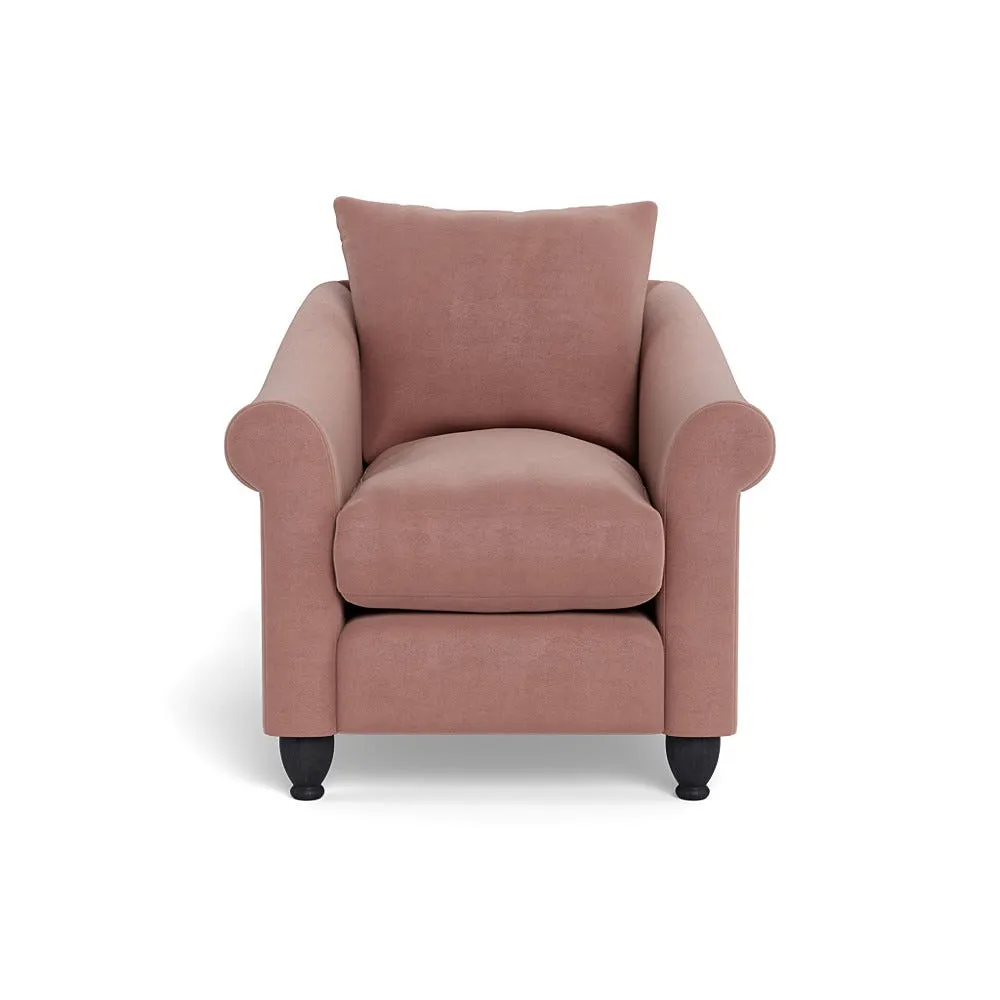 Heal's Devon Armchair Smart Luxe Velvet Dusky Pink Black Beech Feet