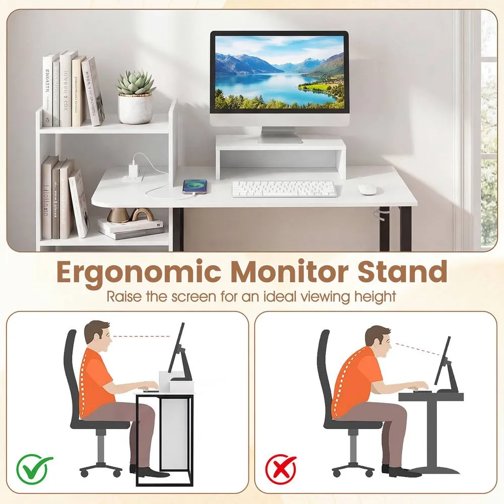 Costway 110CM Computer Desk Study Desk w/ Monitor Stand & Charging Station in White 6