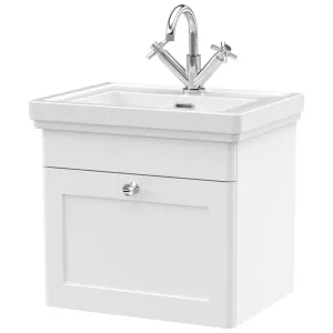 Classique Satin White Wall Hung 1-Drawer Vanity & Basin 1 Tap Hole - 496 x 530mm