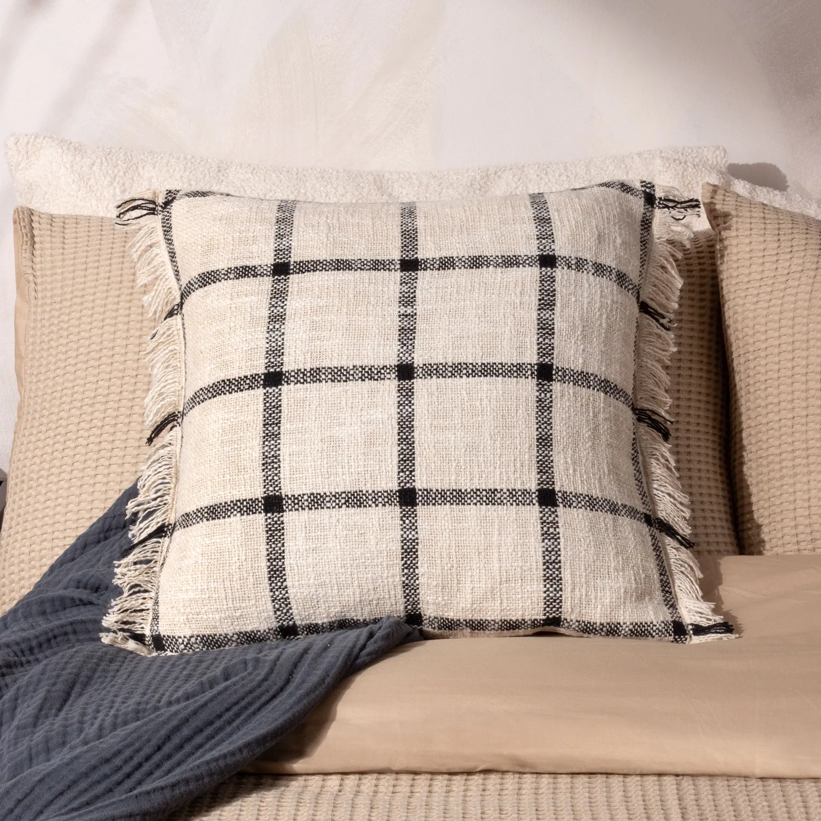 Yard Beni Check 100% Cotton Fringed Cushion in Natural 1