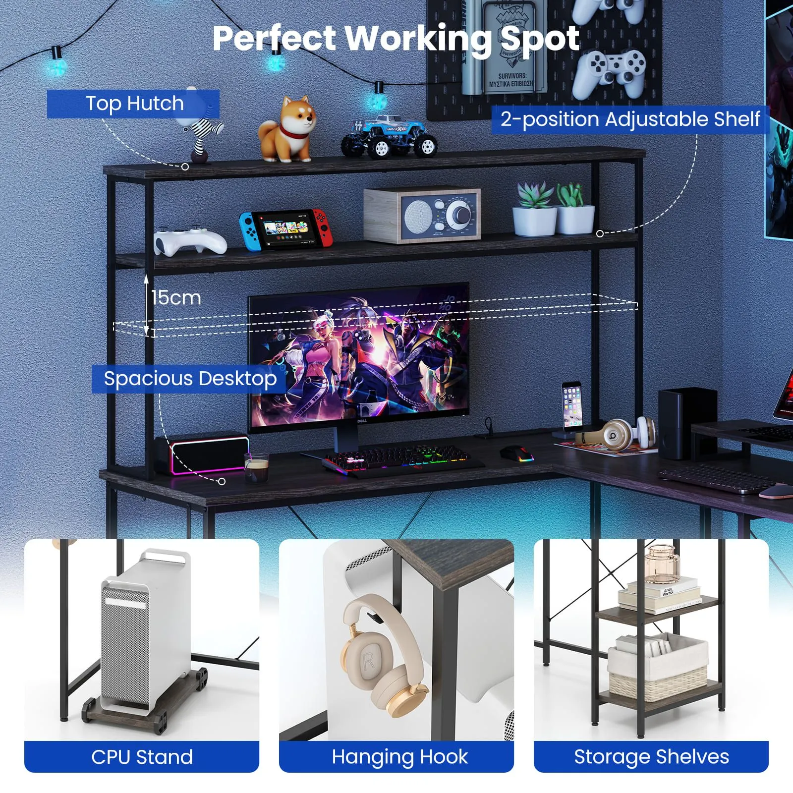 Costway L-Shaped Gaming Desk Reversible Corner Computer Desk w/LED Strip in Grey 4