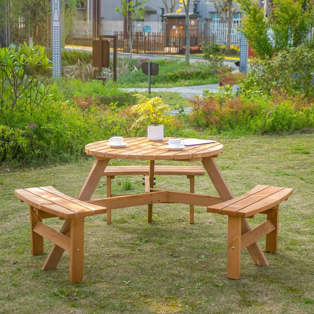 OUTSUNNY 6 Person Fir Wood Table Bench Set Outdoor Garden Patio, Brown in Natural