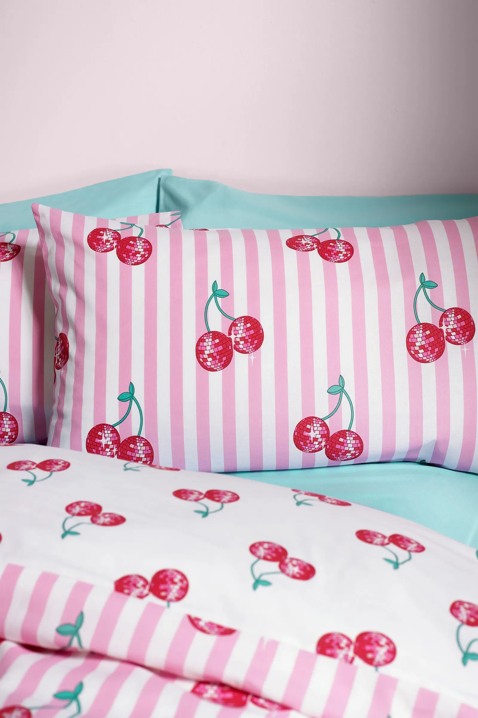 Catherine Lansfield 'Disco Cherries Stripes' Reversible Duvet Cover Set in Pink 3