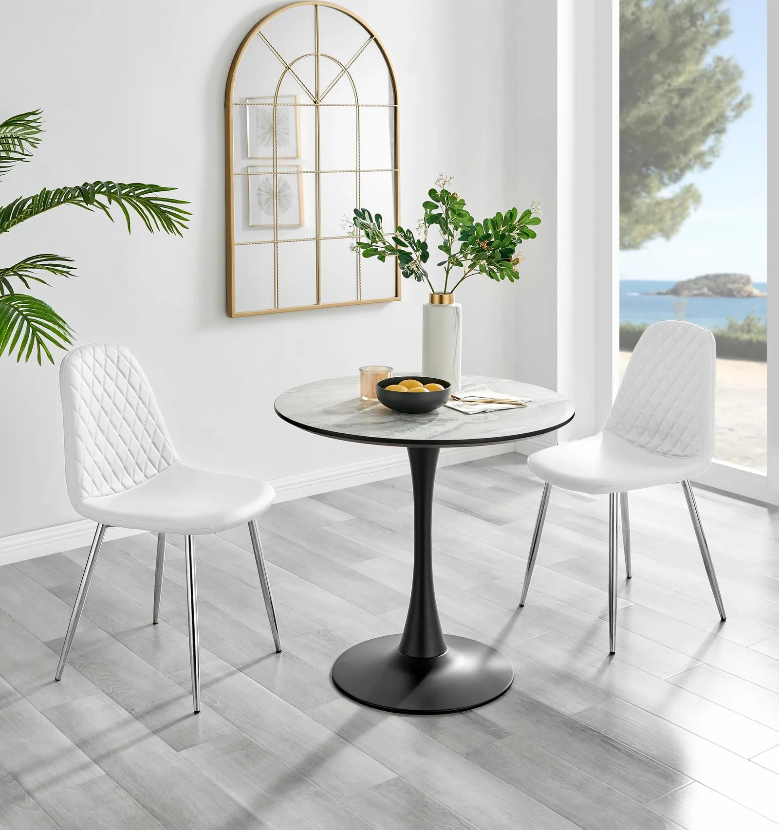 FurnitureboxUK Elina White Marble Effect Scratch Resistant Dining Table & 2 Corona Silver Chairs 1