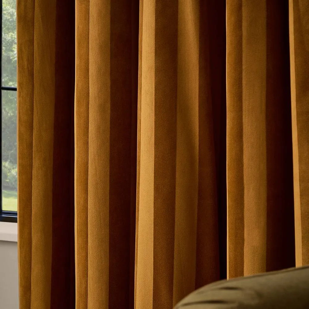 Paoletti Regency Stripe Velvet Fully Lined Eyelet Curtain Pair in Gold 4