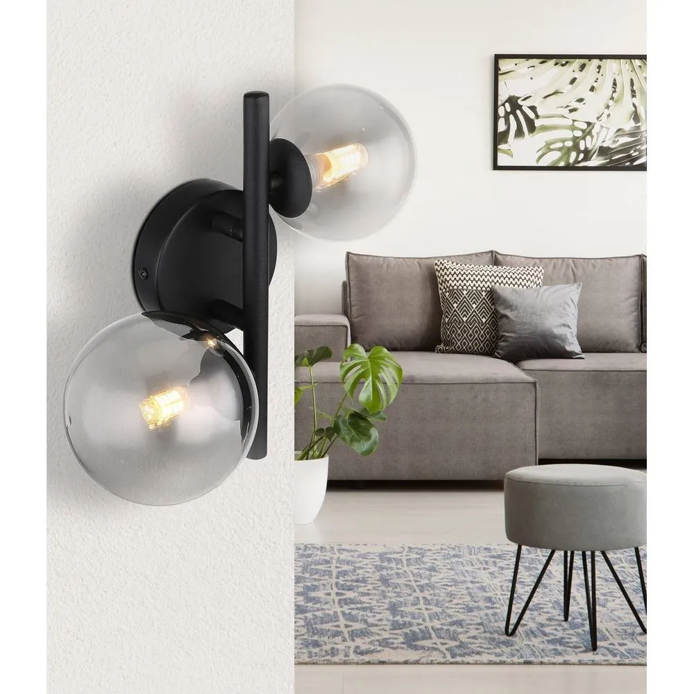 Netlighting Riha Globe Wall Lights Matt Black Smoke Glass Shade 2x G9 3000K 4