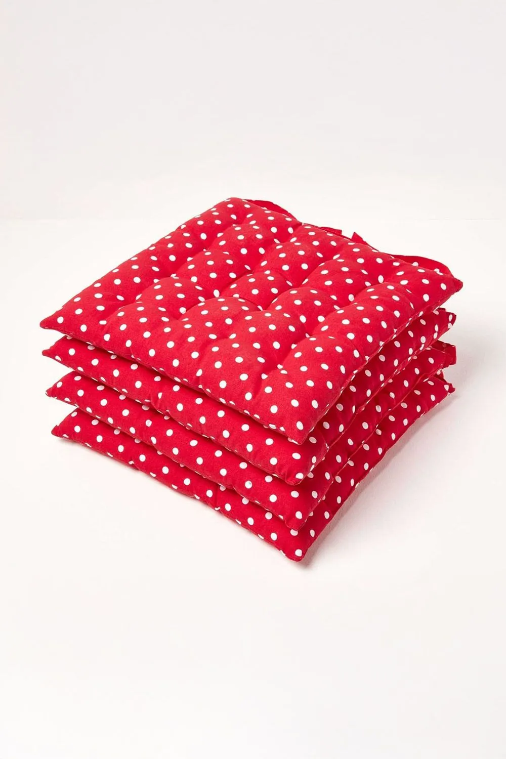 Homescapes 4 Pack Seat Pads Cotton Red Polka Dot Indoor Outdoor Garden Cushion, 40cm