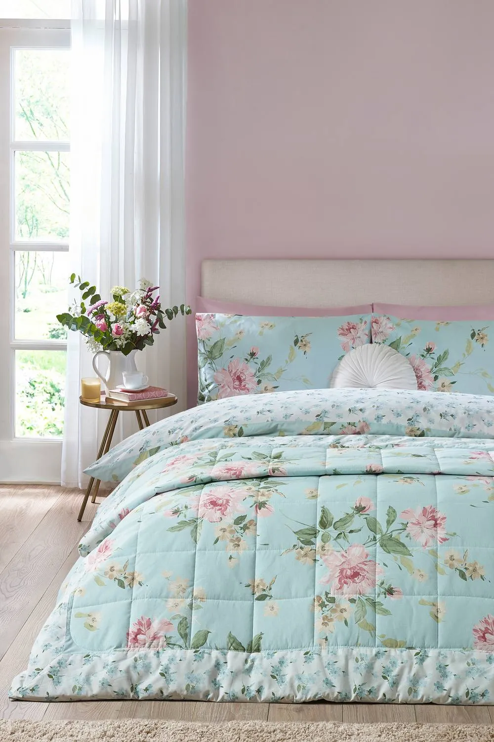 Catherine Lansfield 'Avebury Floral' Reversible Quilted Bedspread in Duck Egg Blue 3