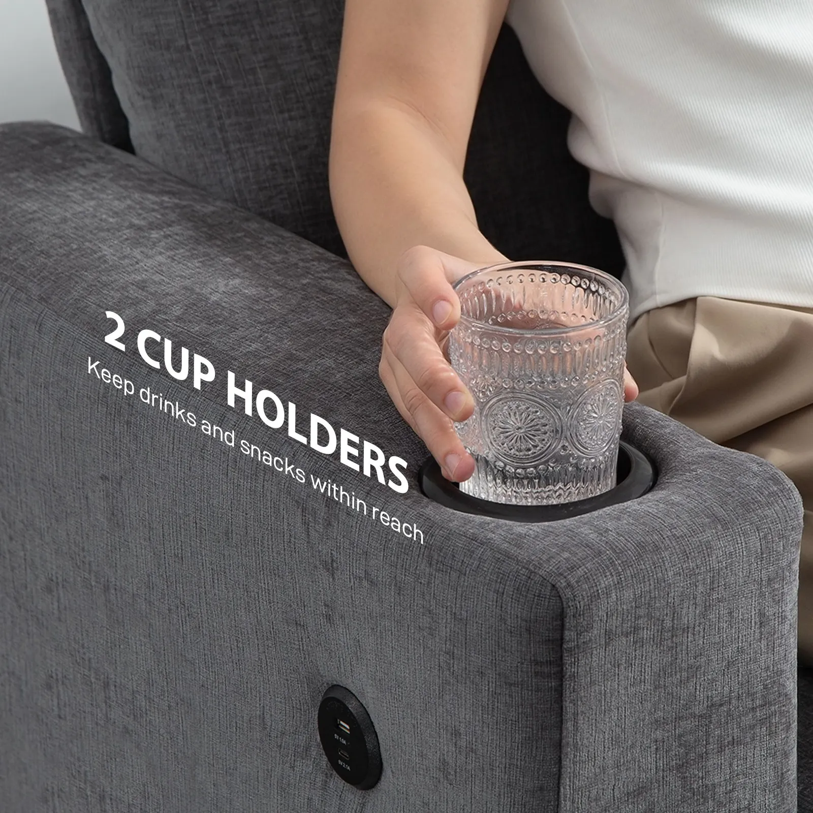 HOMCOM 3 Seater Sofa, Fabric Sofa with USB Ports & Cup Holders, Grey 5