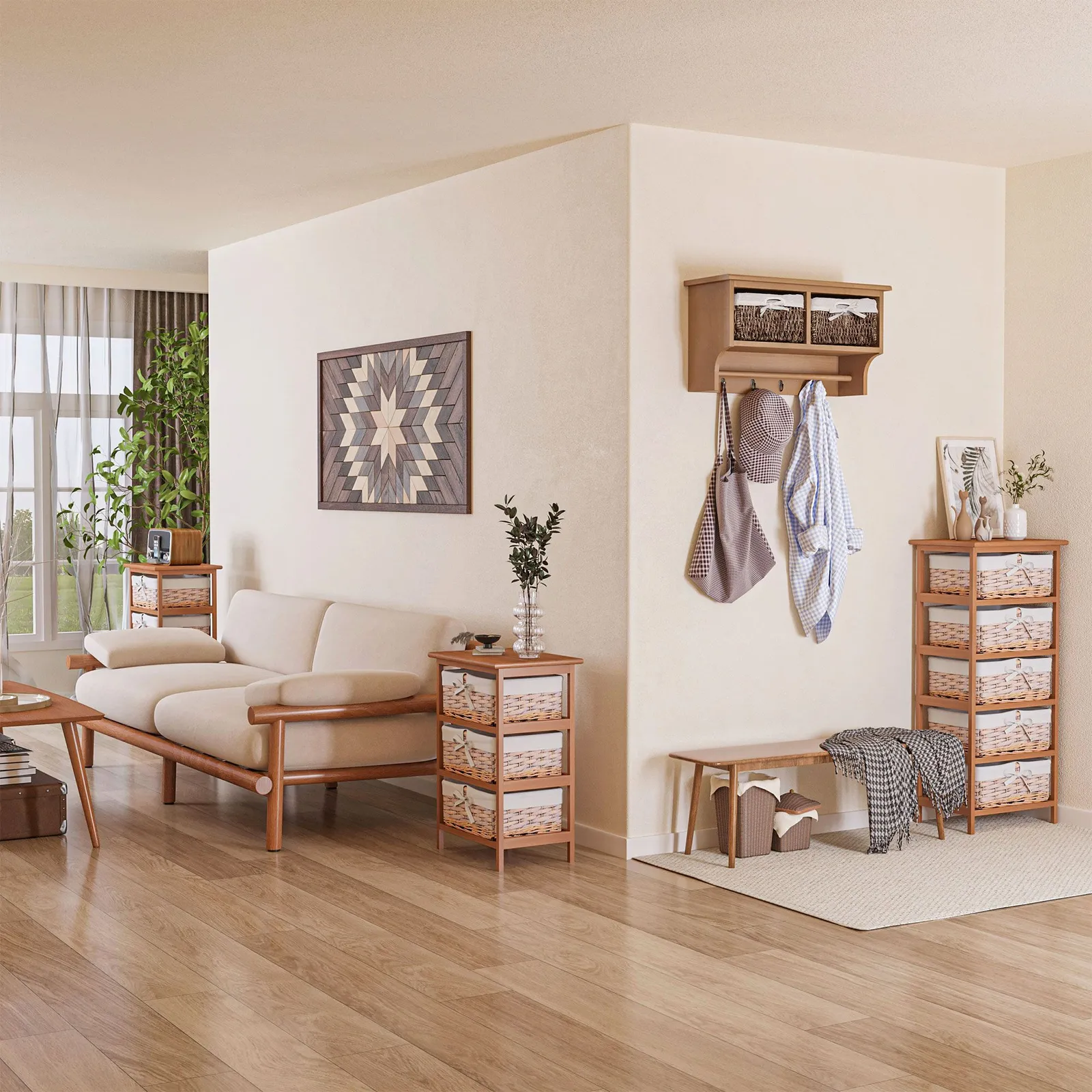 HOMCOM 5 Drawer Dresser Wicker Storage Shelf Unit Wooden Home Organization in Natural