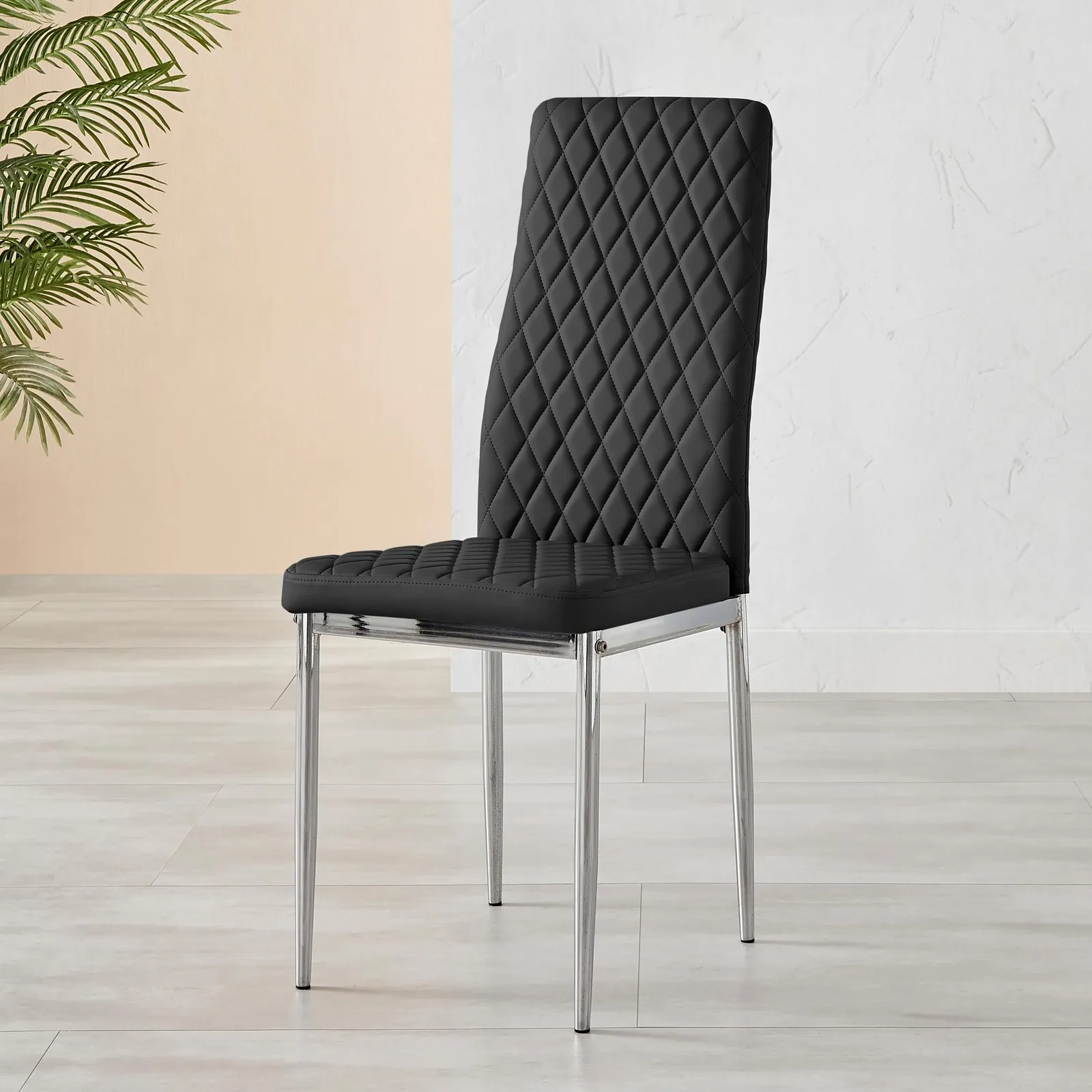 FurnitureboxUK Set of 4 Milan High Back Soft Touch Diamond Pattern Faux Leather Dining Chairs With Silver Chrome Metal Legs in Black 4