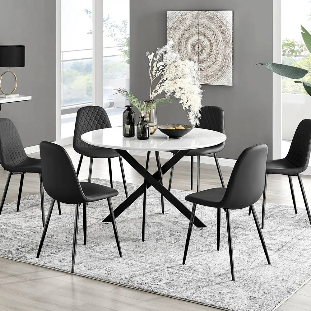 FurnitureboxUK Novara White Black Leg 120cm Round Table & 6 Black Corona Chairs