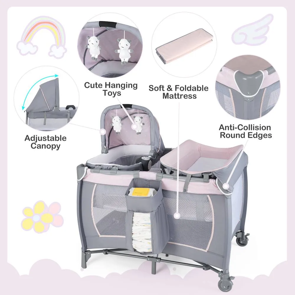 Costway Foldable Pack &Play Portable Baby Playard w/Rocking Bassinet&Music Box in Pink 4