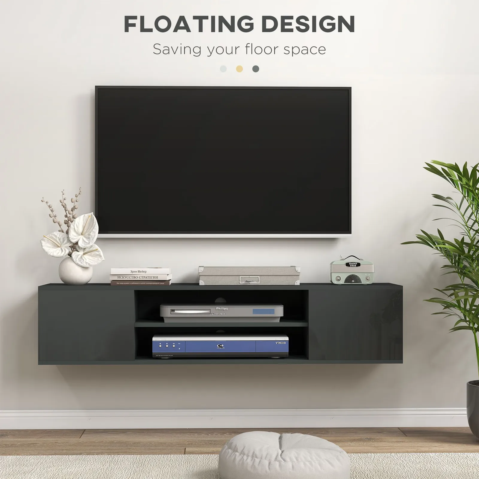 HOMCOM Floating TV Stand Cabinet for 60" TVs W/ Shelves & Cabinets in Grey 4