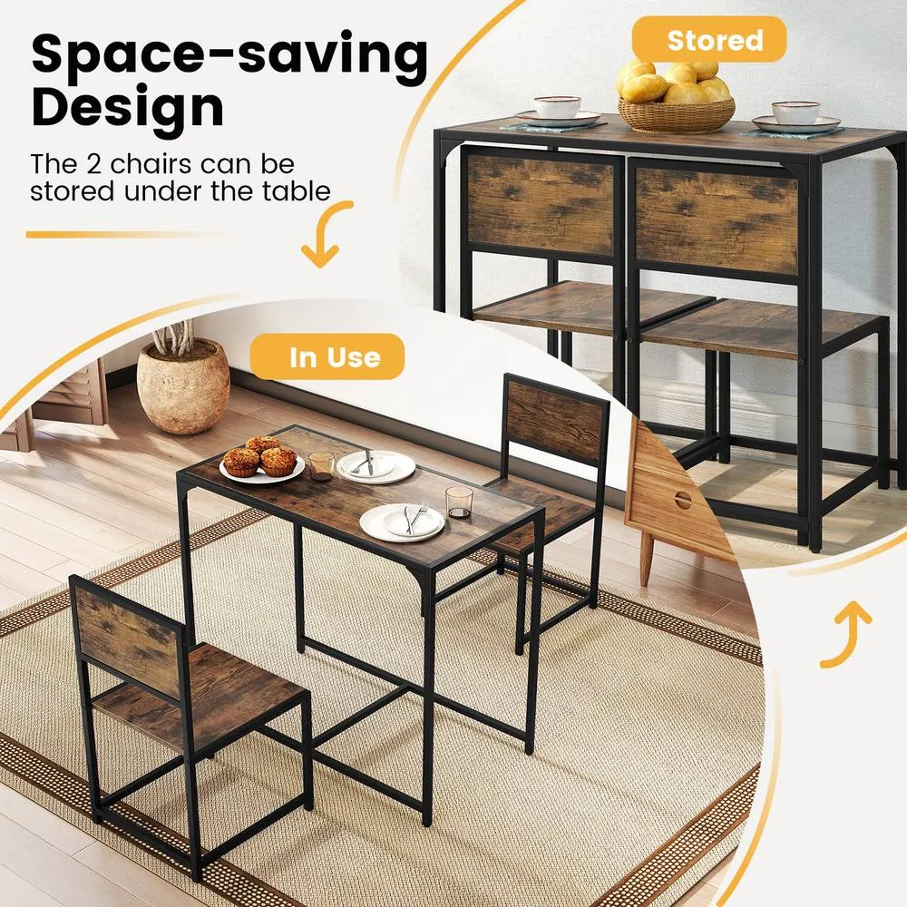 Costway 3 PCS Industrial Dining Table Set Rectangular Kitchen Table & 2 Chairs in Brown 4