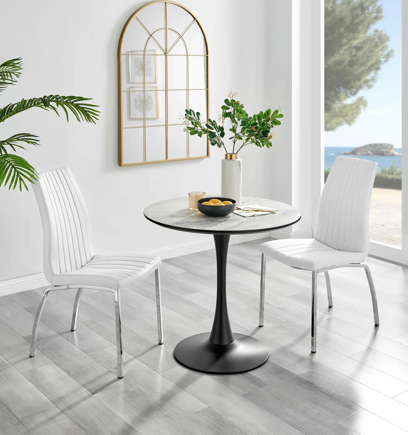 FurnitureboxUK Elina White Marble Effect Scratch Resistant Dining Table & 2 Isco Faux Leather Chairs 1