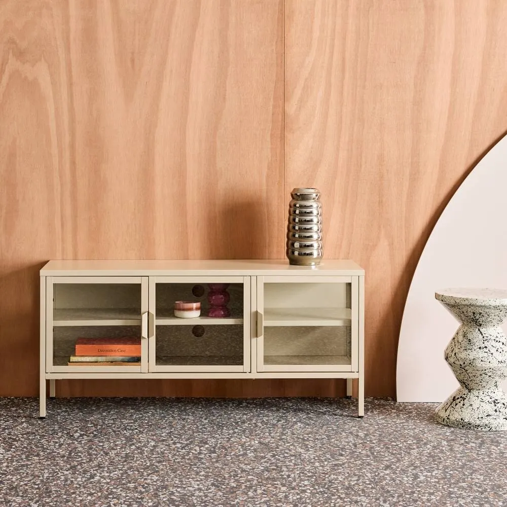 sweeek Industrial metal & tempered glass TV stand with 3 doors 120cm in Beige 1