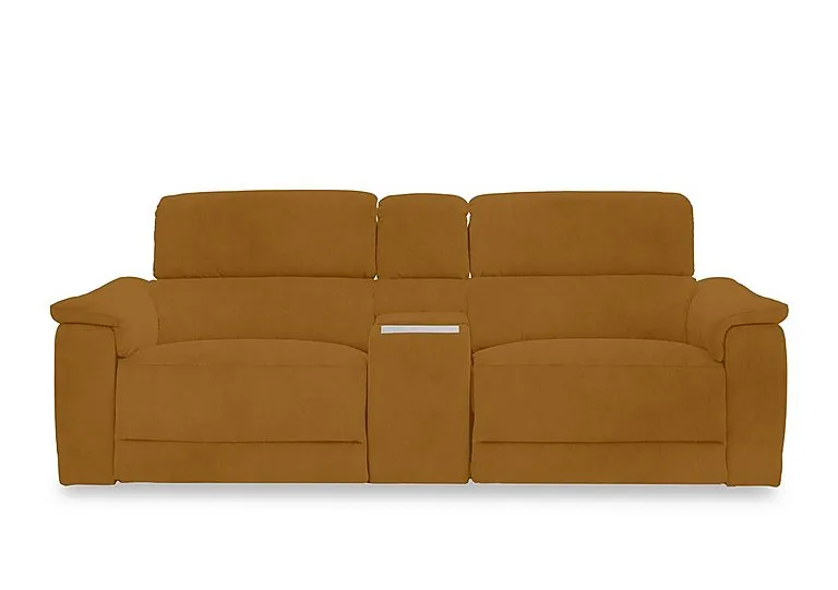 Genius Fabric 3 Seater Power Recliner Media Sofa with Power Headrests, Power Lumbar and Heated Seats - Opulence Saffron
