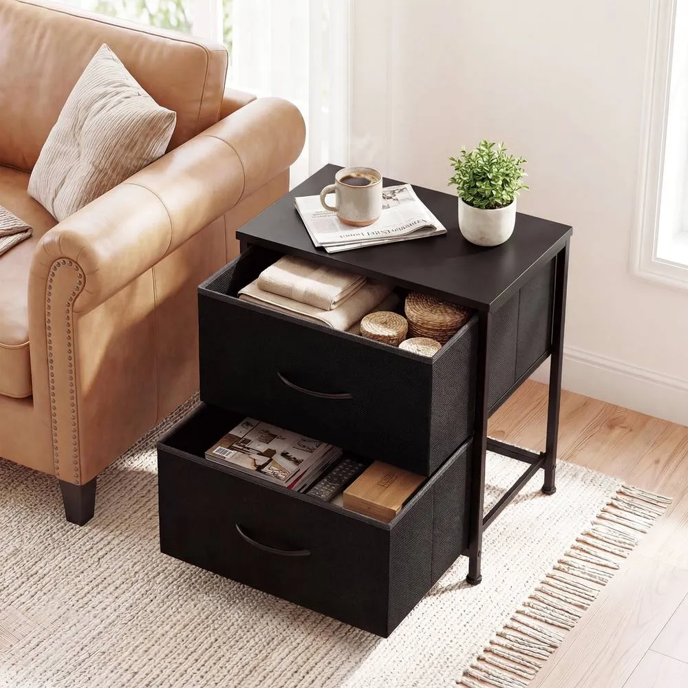 Costway 2PCS Nightstand End Table w/ 2 Fabric Drawers Bedside Table Side Table in Black 3