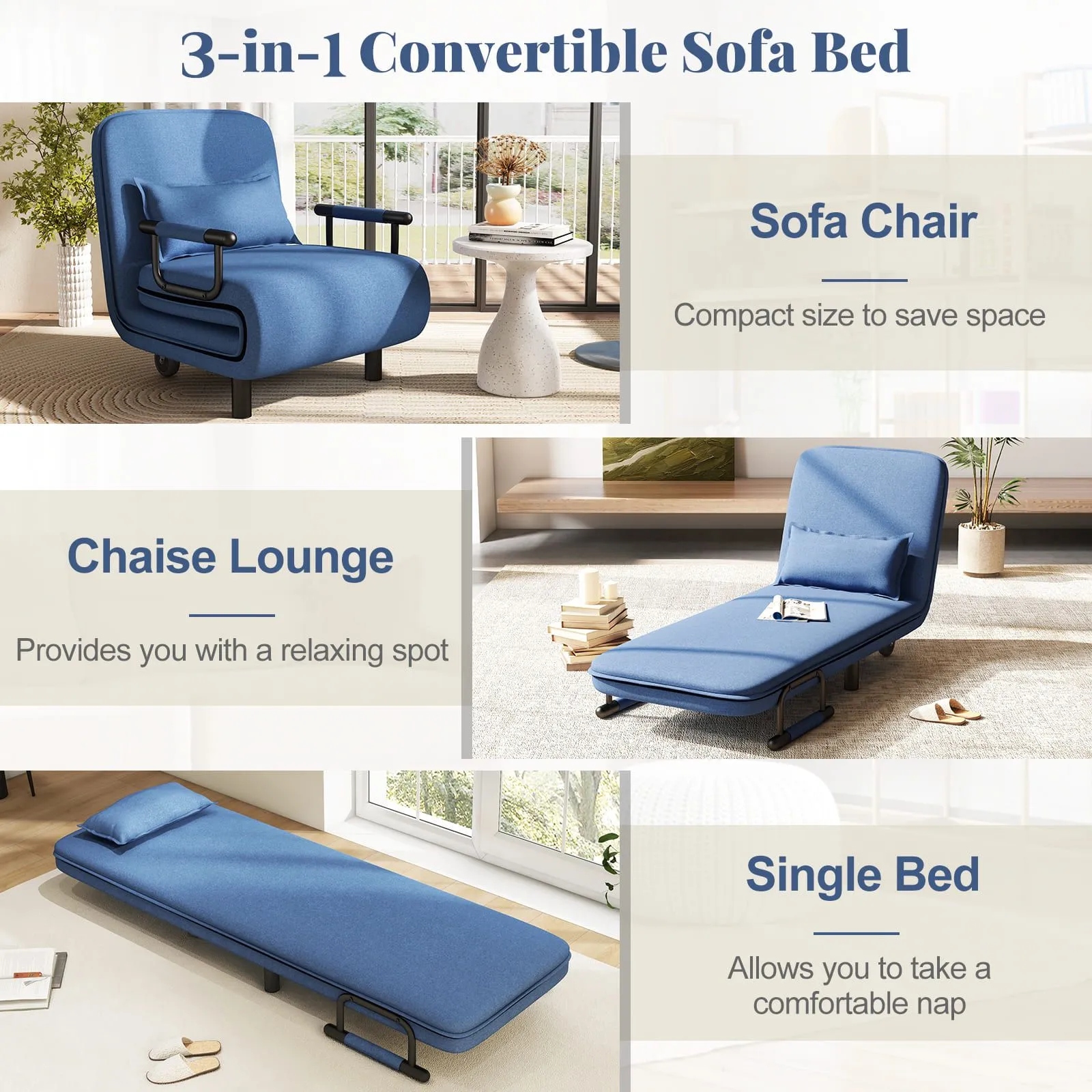 Costway Single Folding Sofa Bed Chair Modern Fabric Sleep Function Holder-Blue in Blue 4