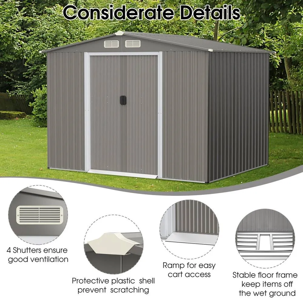 Costway 260×207cm Steel Outdoor Storage Shed Double Doors Ramp Grey 6