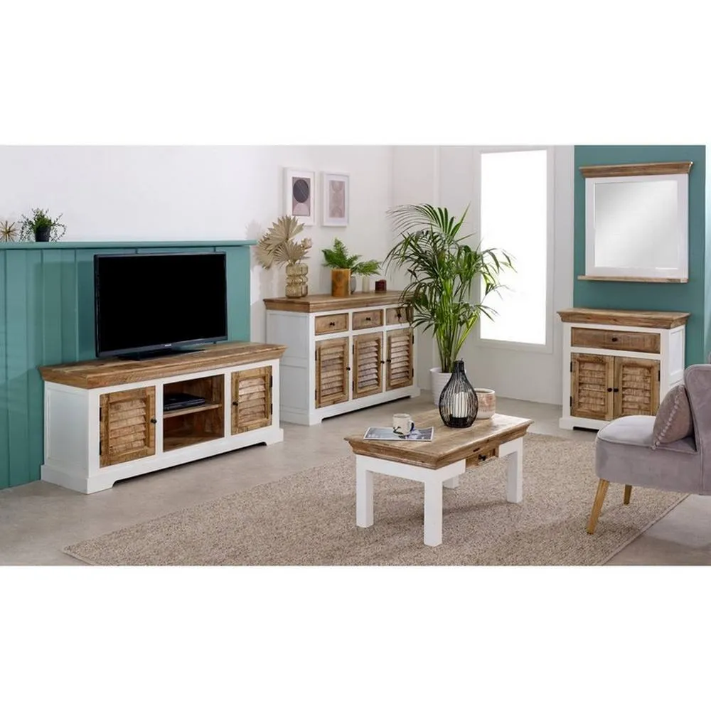 Indian Hub Alfie Framed Mirror with Shelf - Mango Wood - L80 x W73 x H16 cm in Natural