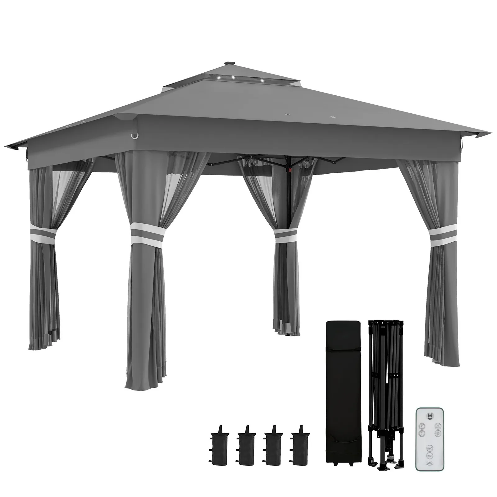 OUTSUNNY 3x3(m) Pop Up Gazebo w/ Solar-Powered LED Lights Curtain Netting in Grey 2