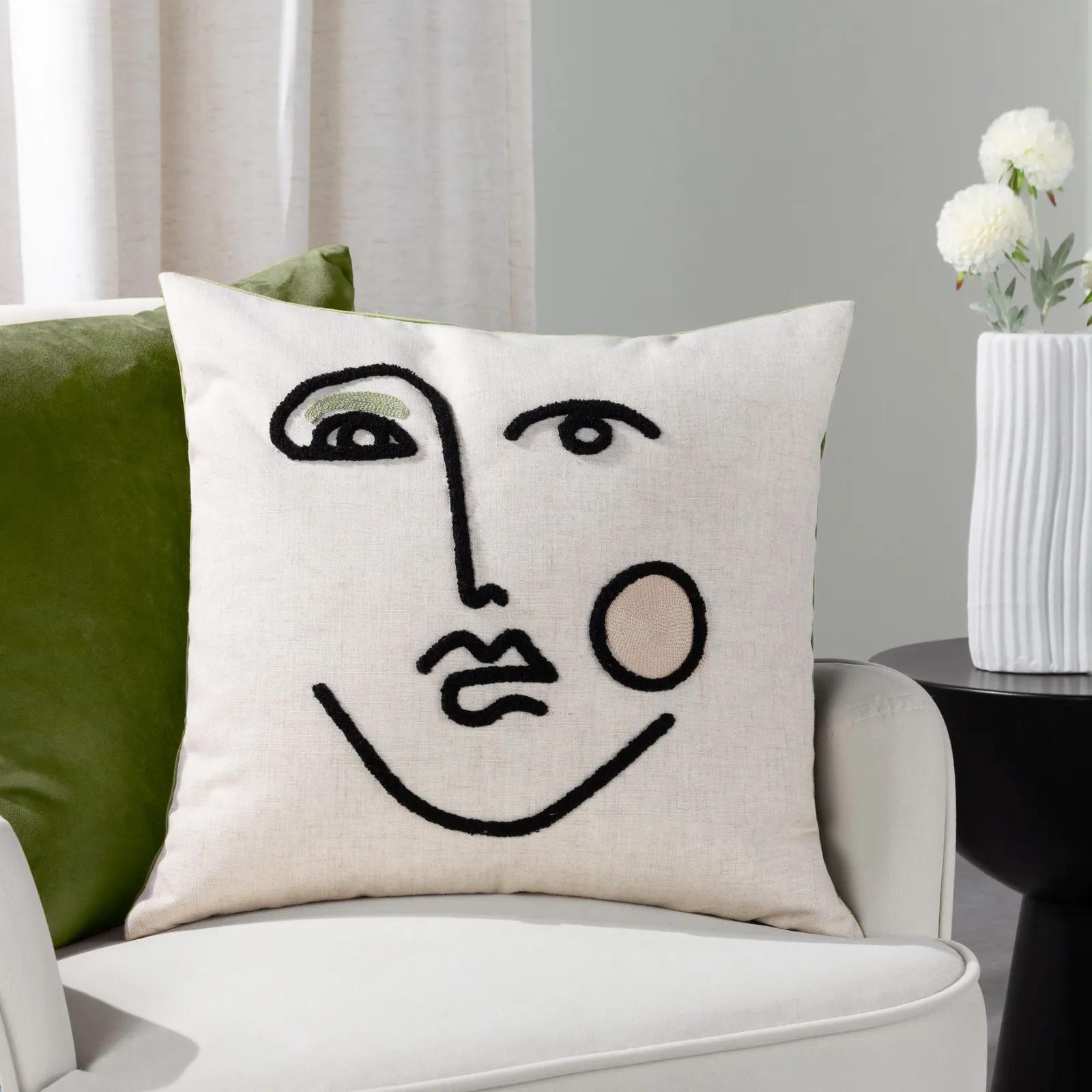 Furn Cleo Linear Crewel Embroidered Cushion in Pink