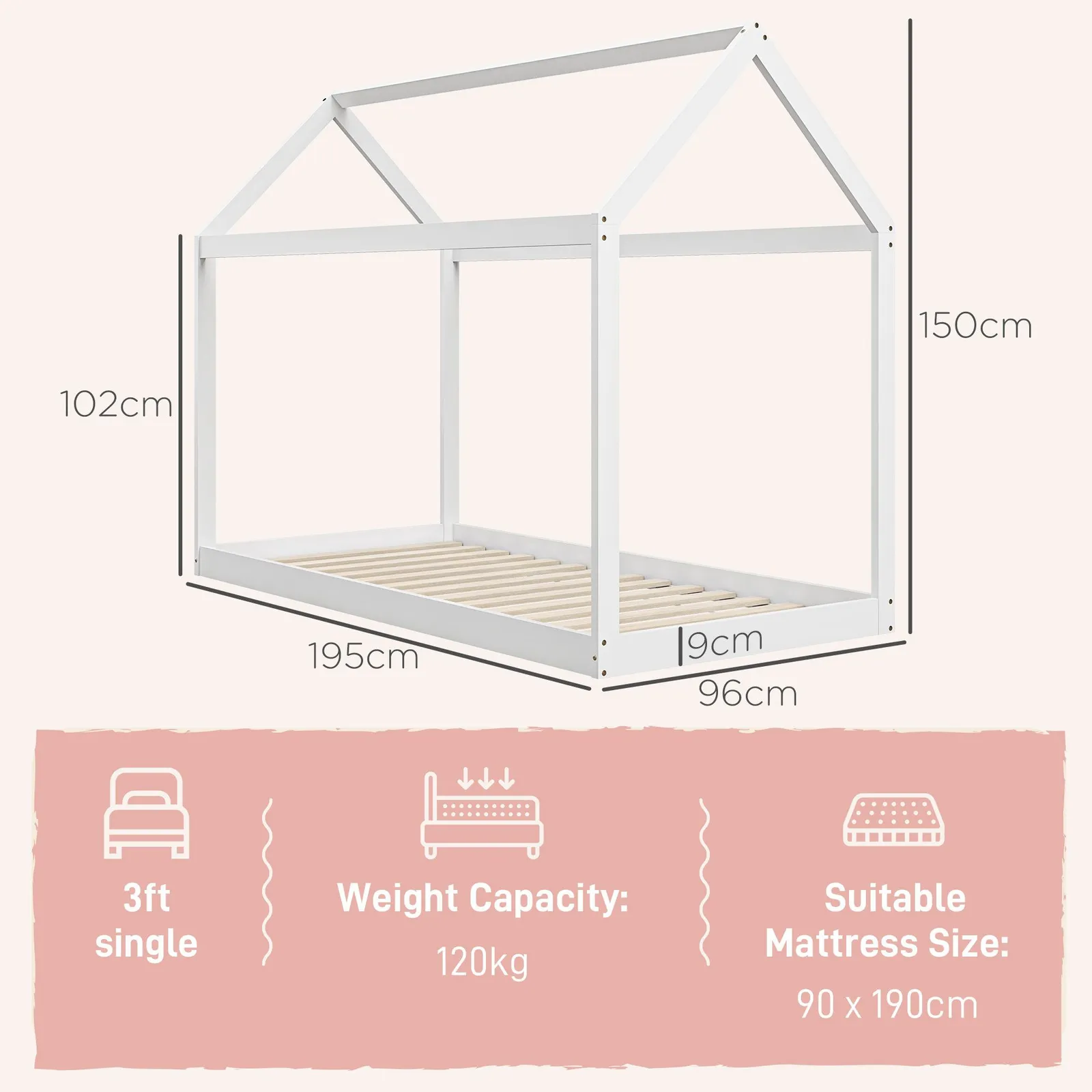 HOMCOM Wooden Single Bed Frame with Tree House Style in White 3