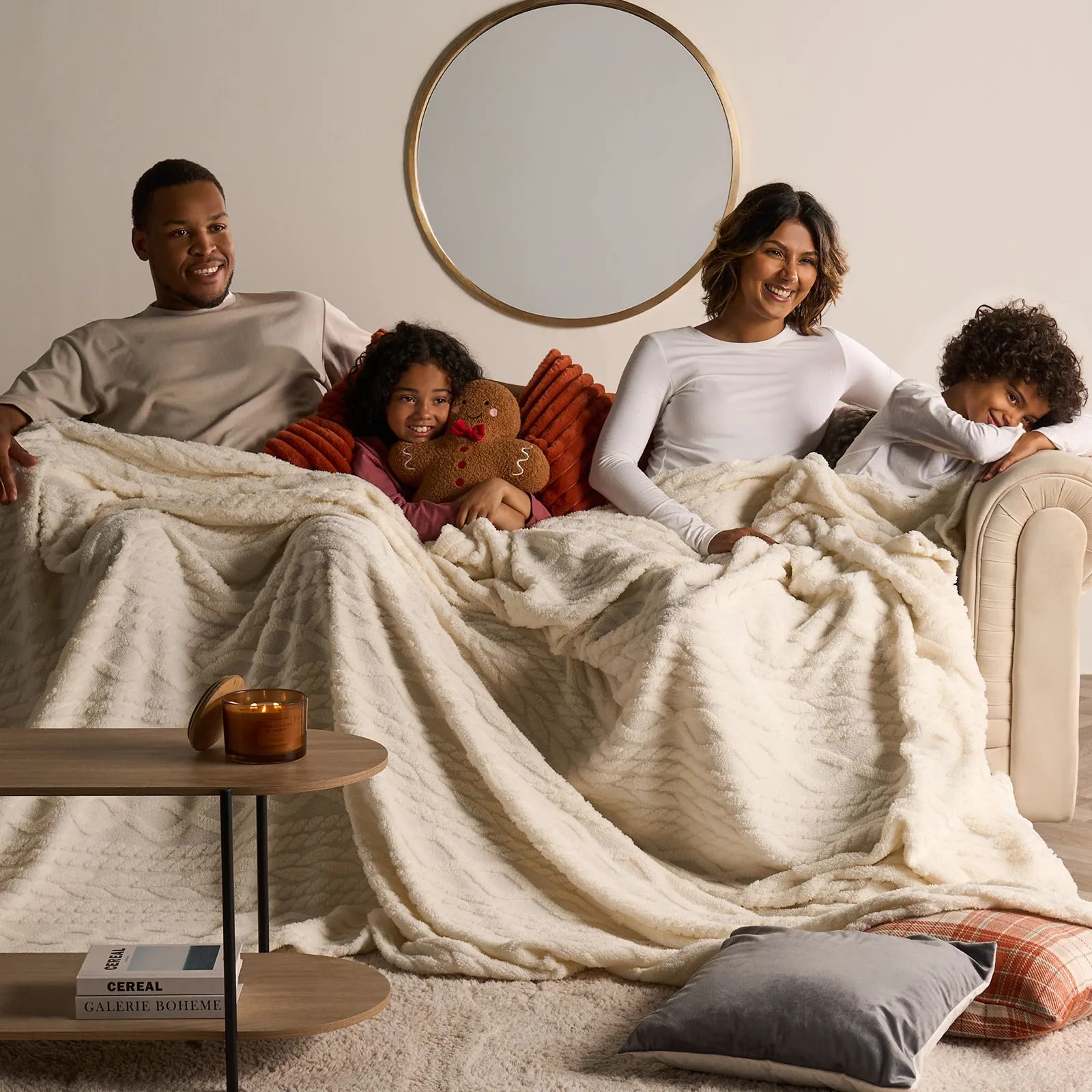 OHS Cable Knit Design Fleece Throw Ultra Soft Fluffy Blanket for Family in Cream