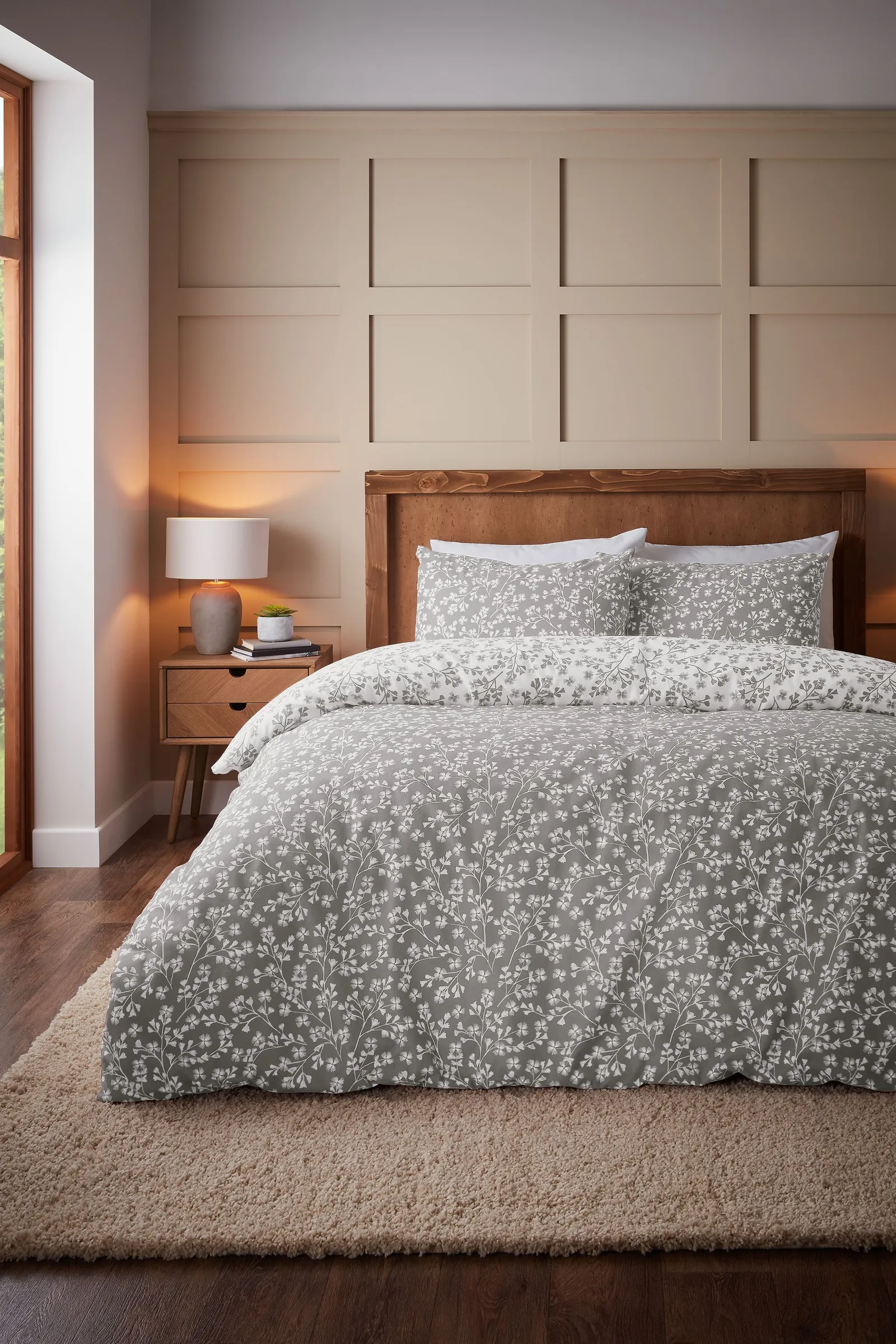Catherine Lansfield 'Brushed Grace Floral Leaf' Cotton Reversible Duvet Cover Set in Grey