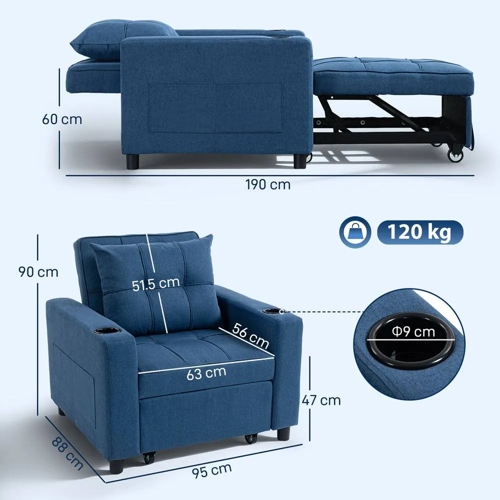 HOMCOM 3-in-1 Sofa Bed, Convertible Sleeper Chair with Adjustable Backrest in Dark Blue 3