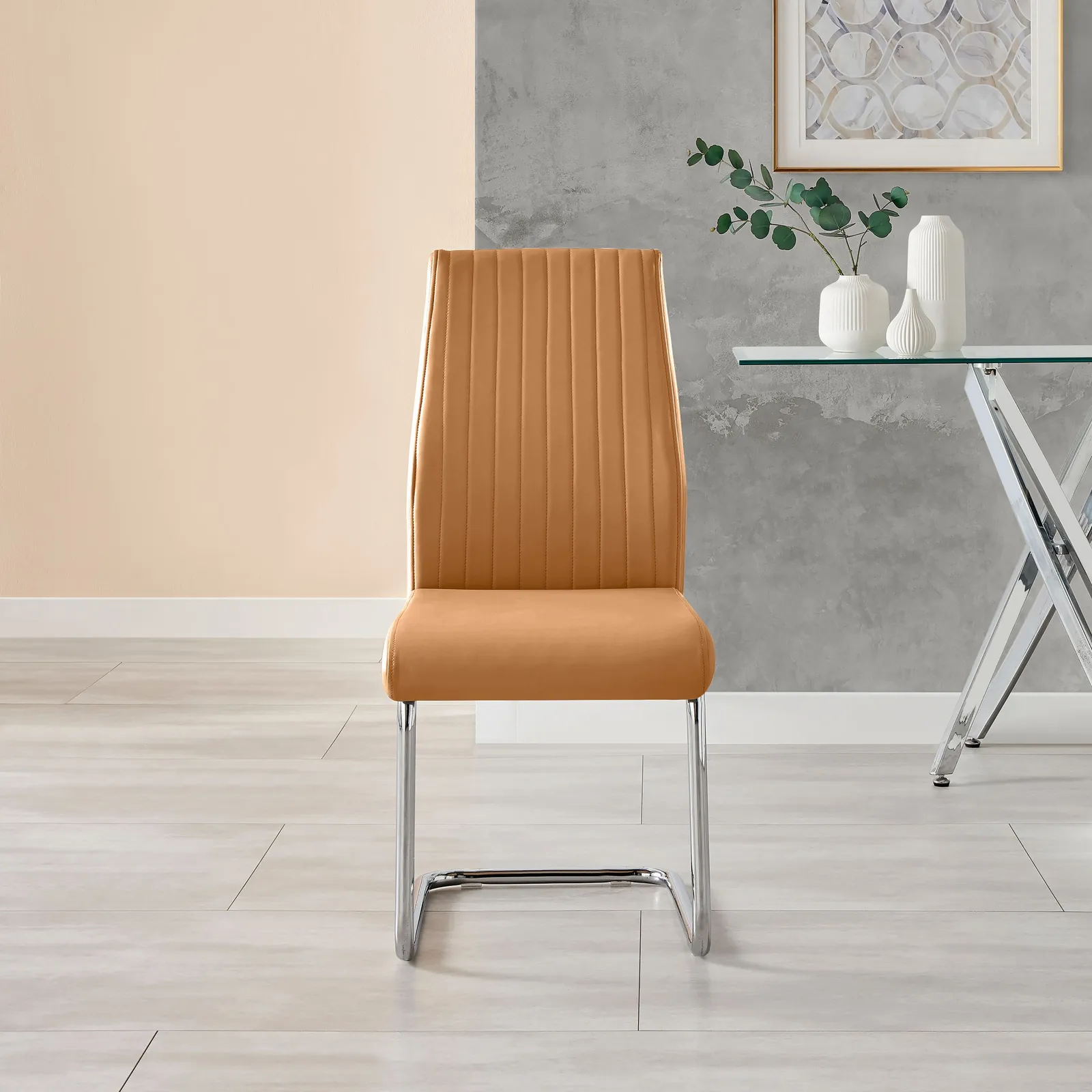 FurnitureboxUK Lorenzo 2x Tan Faux Leather Silver Leg Dining Chair 5