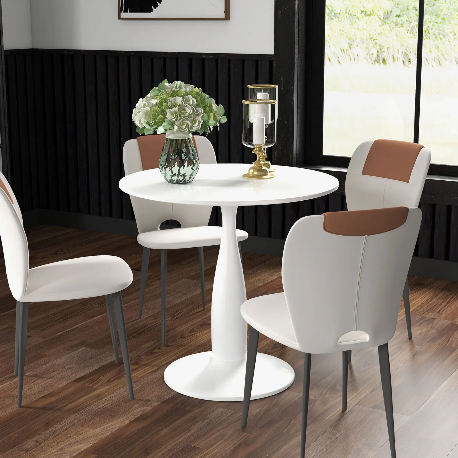 HOMCOM Round Dining Table, Modern Kitchen Table with Steel Base in White