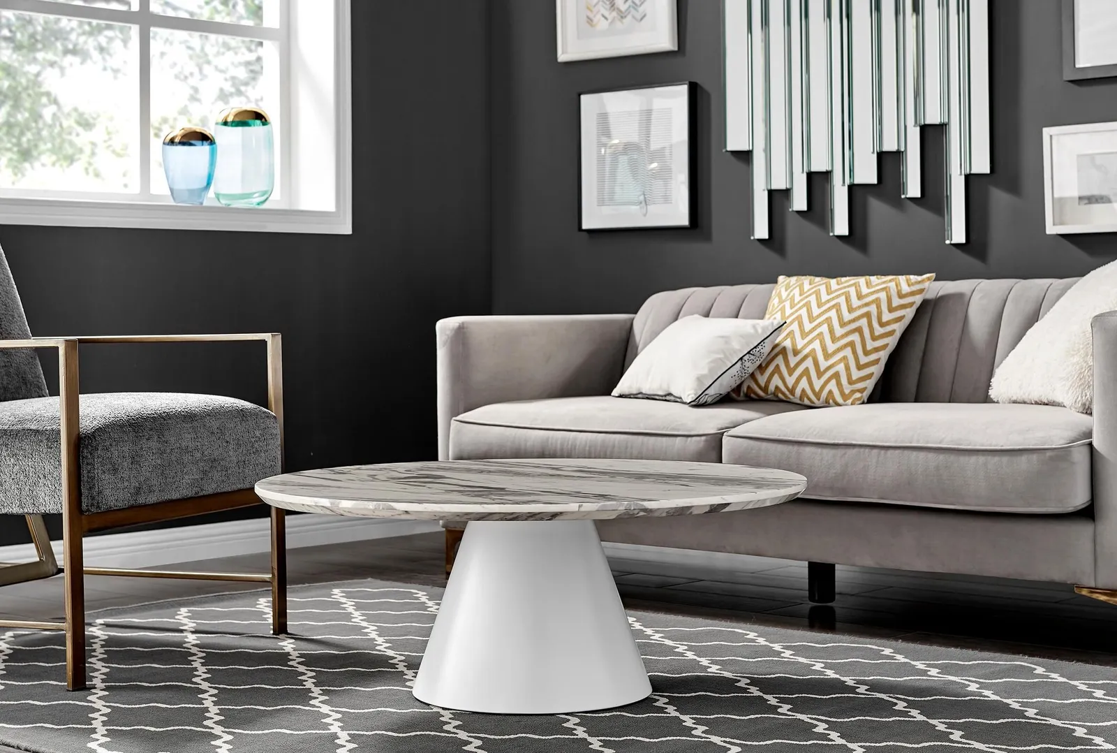 FurnitureboxUK Palma Round Coffee Table with Pedestal Pillar Base & Semi-Matte or High Gloss Finish for Modern Minimalist Industrial Look in Off-White 2