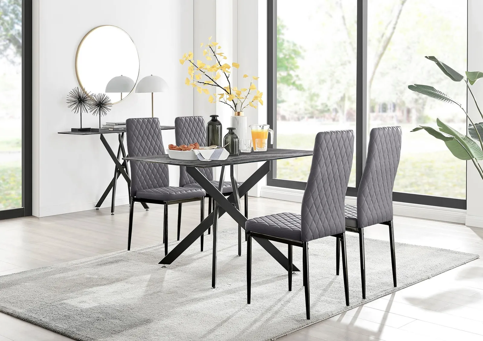 FurnitureboxUK Leonardo Grey Glass Marble Effect Black Leg Table & 4 Velvet Milan Black Leg Chairs