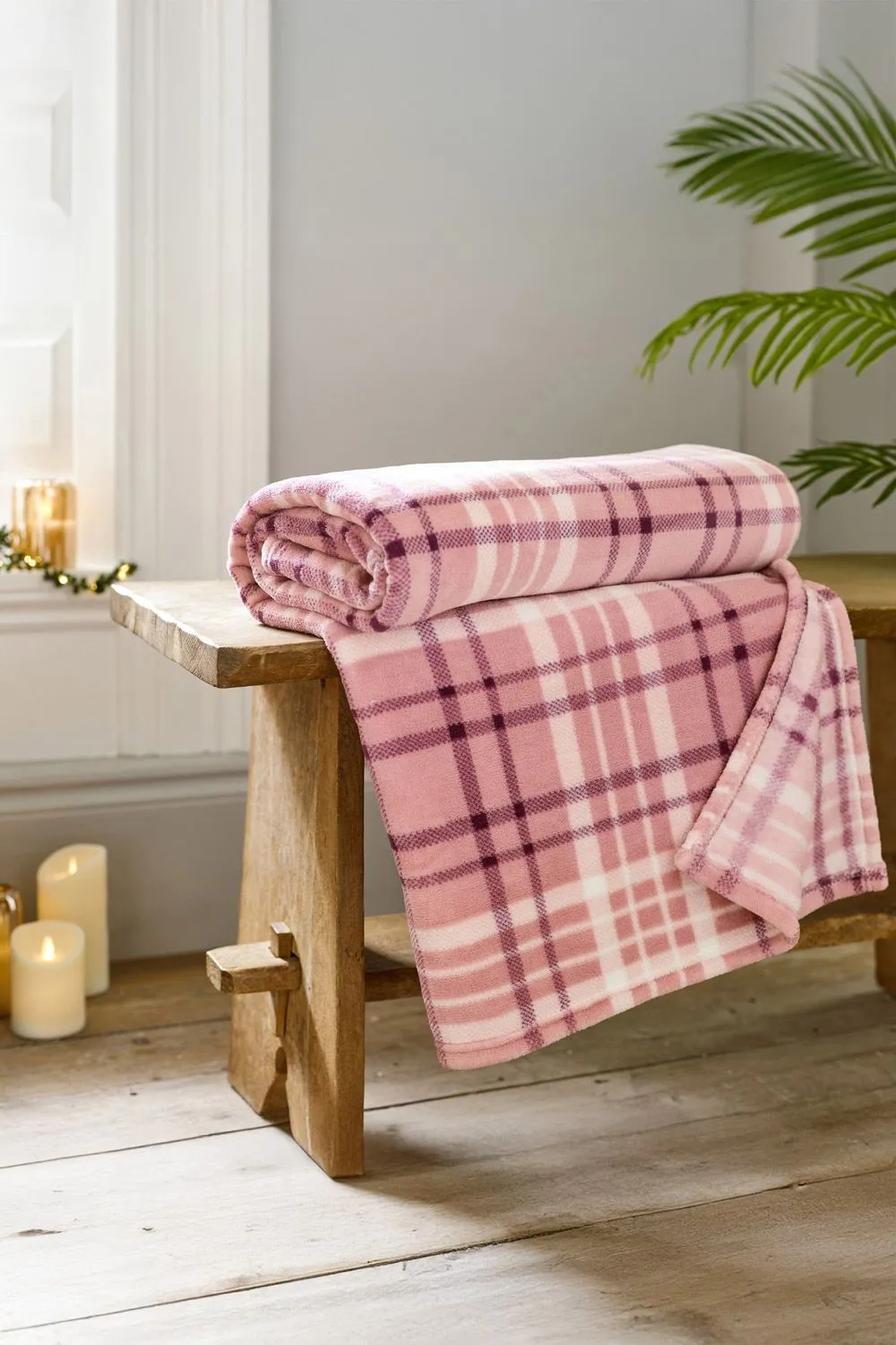 Deyongs Snuggle Check Throw Blanket 140x180cm - Super Soft Coral Fleece - Printed Plaid Design | 1846 in Pink