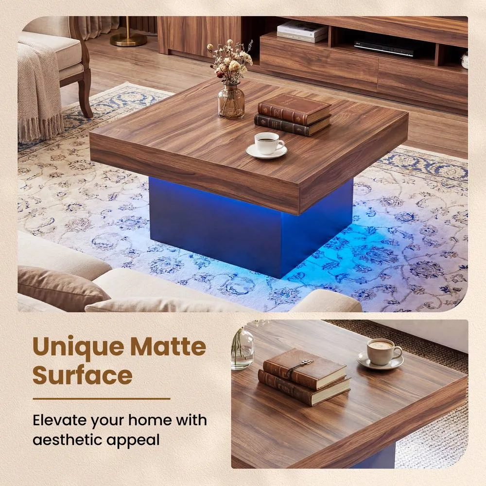 Costway Coffee Table Square Center Table with LED Lights in Brown 6