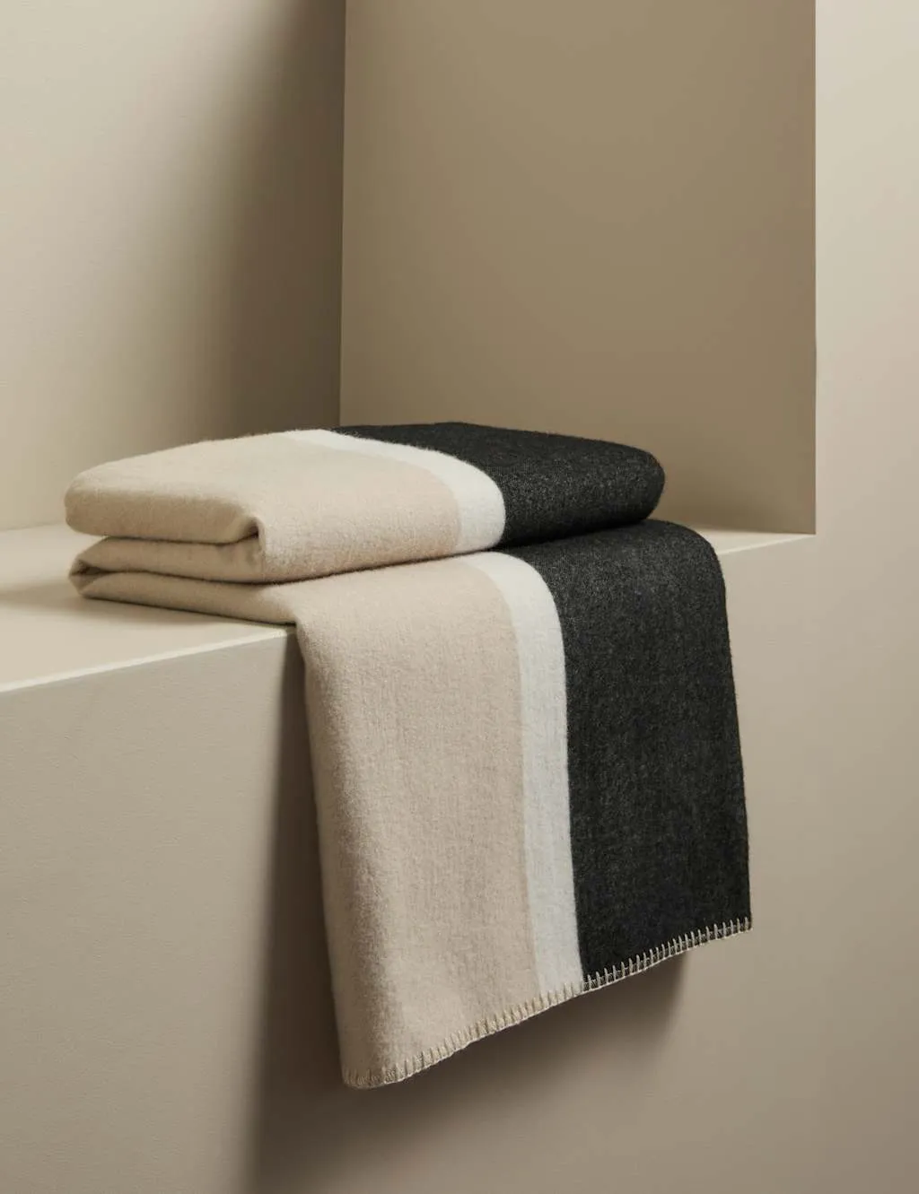 M&S X Kelly Hoppen Kelly Hoppen Wool Blend Colour Block Brushed Throw Taupe Mix
