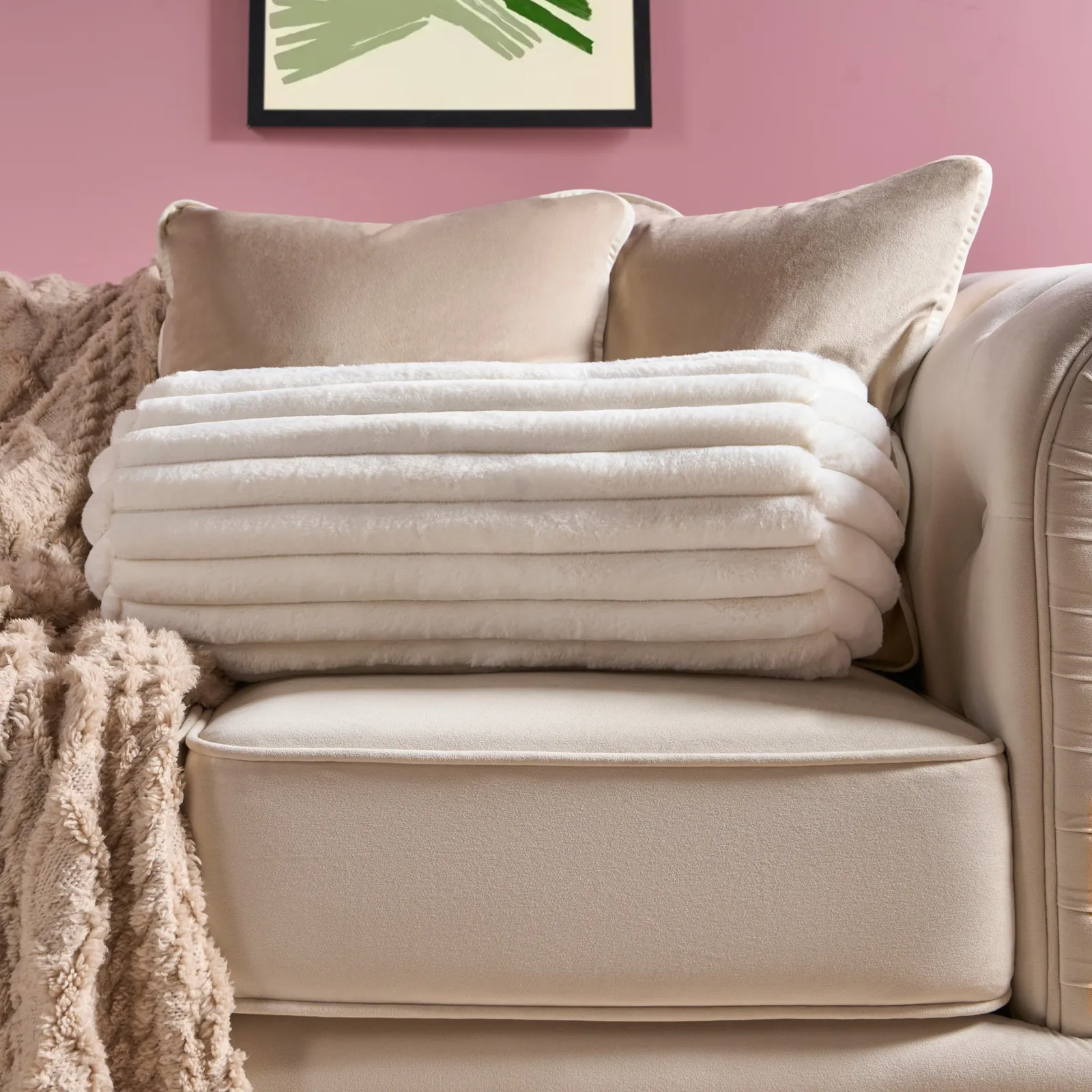 OHS Faux Fur Ribbed Round Bolster Cushion Neck Roll Pillow in Cream