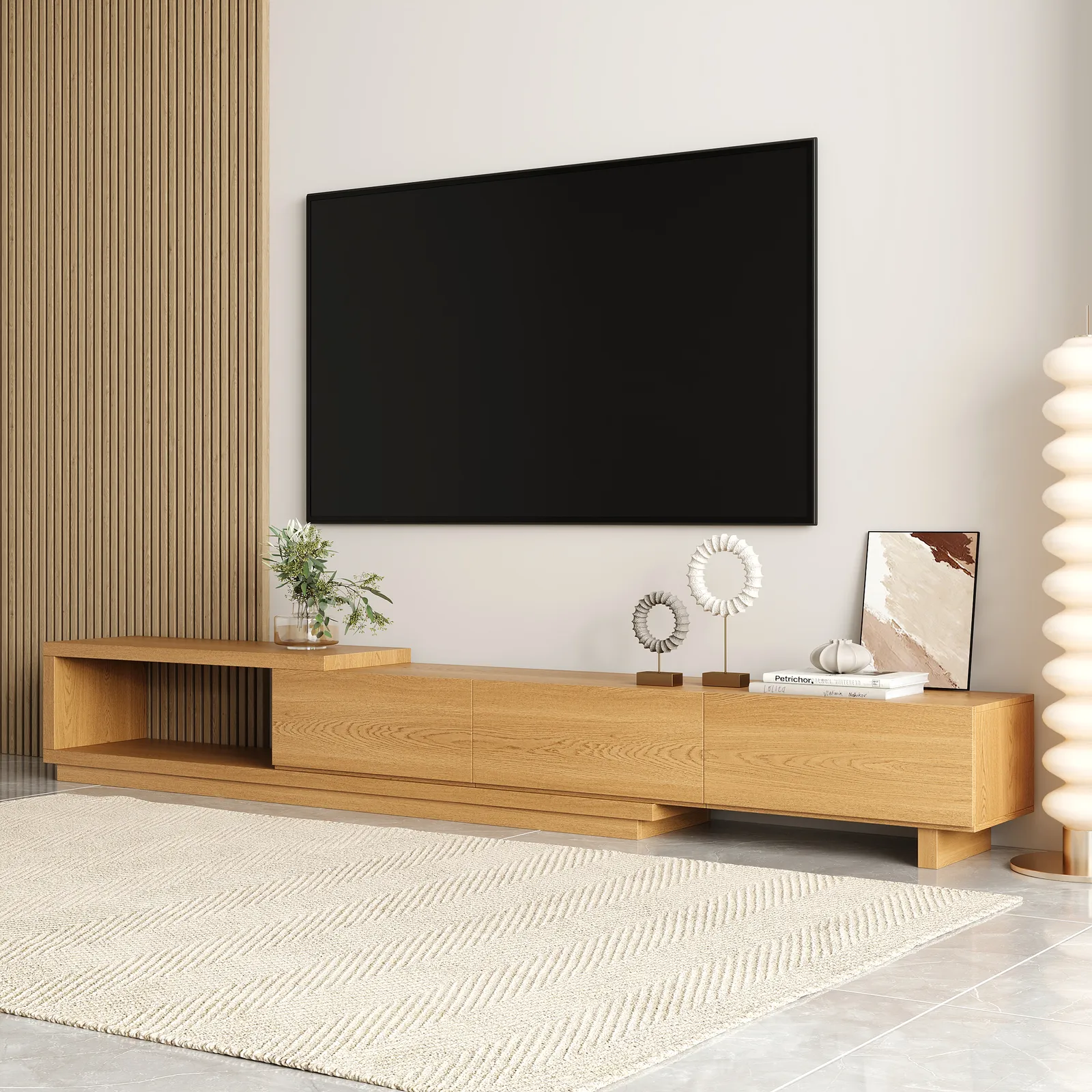 Homary Quoint 2550 mm Modern TV Stand Retracted & Extendable 3-Drawer Media Console Natural