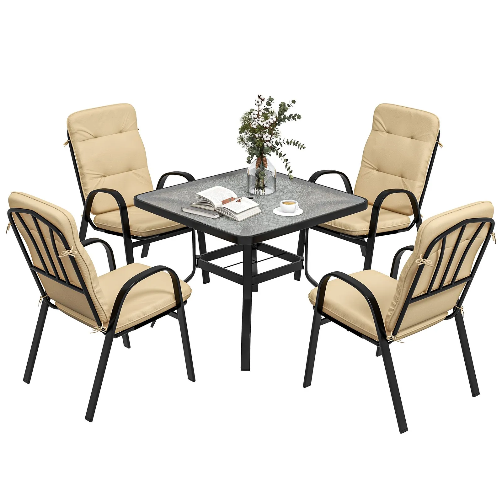 OUTSUNNY Garden Dining Set, Glass Table w/ Umbrella Hole in Beige 2