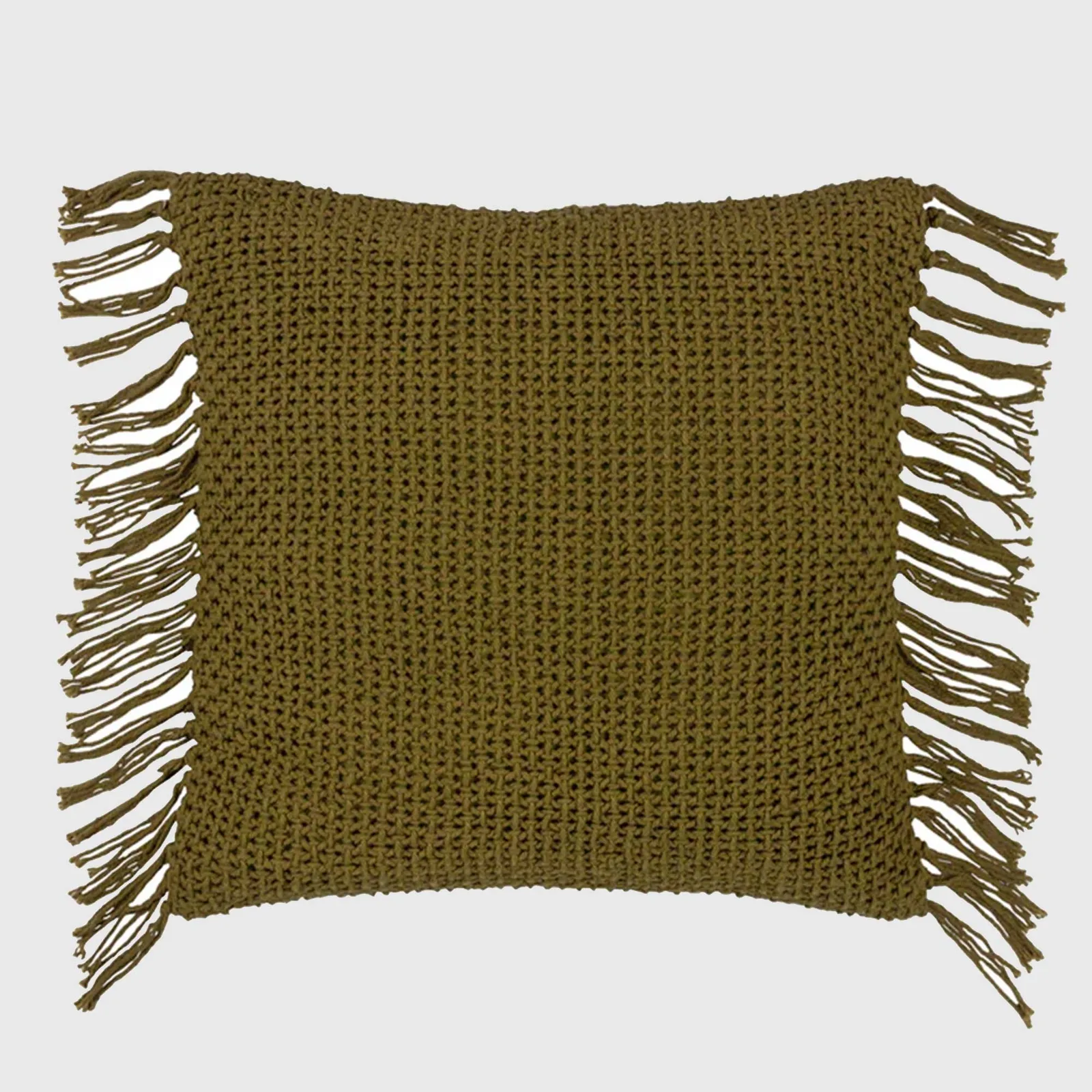 Knitted Tassel Khaki Cushion, Square, Green Cotton | Barker & Stonehouse