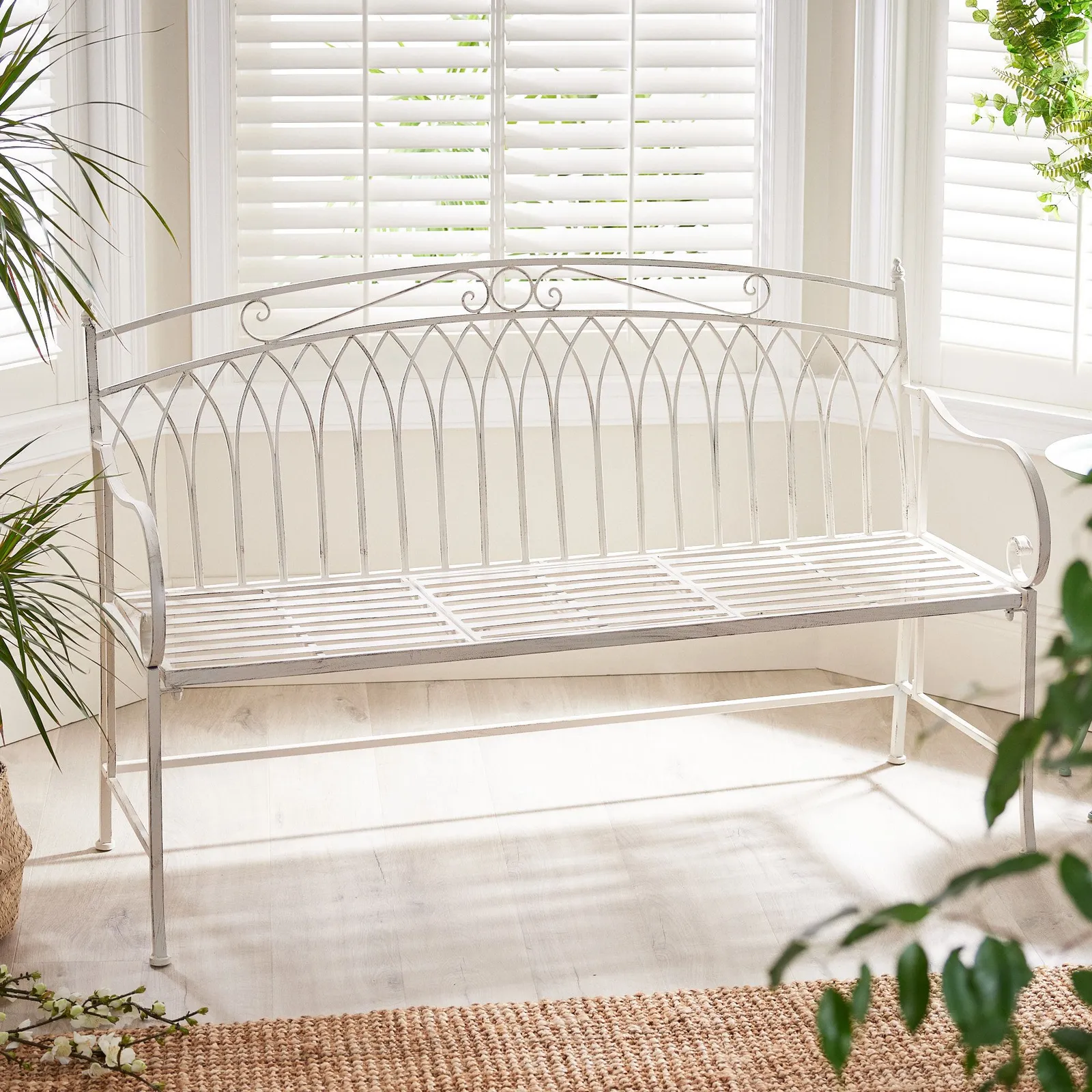 Dibor Vintage Large Cream Arched Outdoor Garden Furniture Companion Seat Bench with Free Set of 2 Floral Box Cushions 4