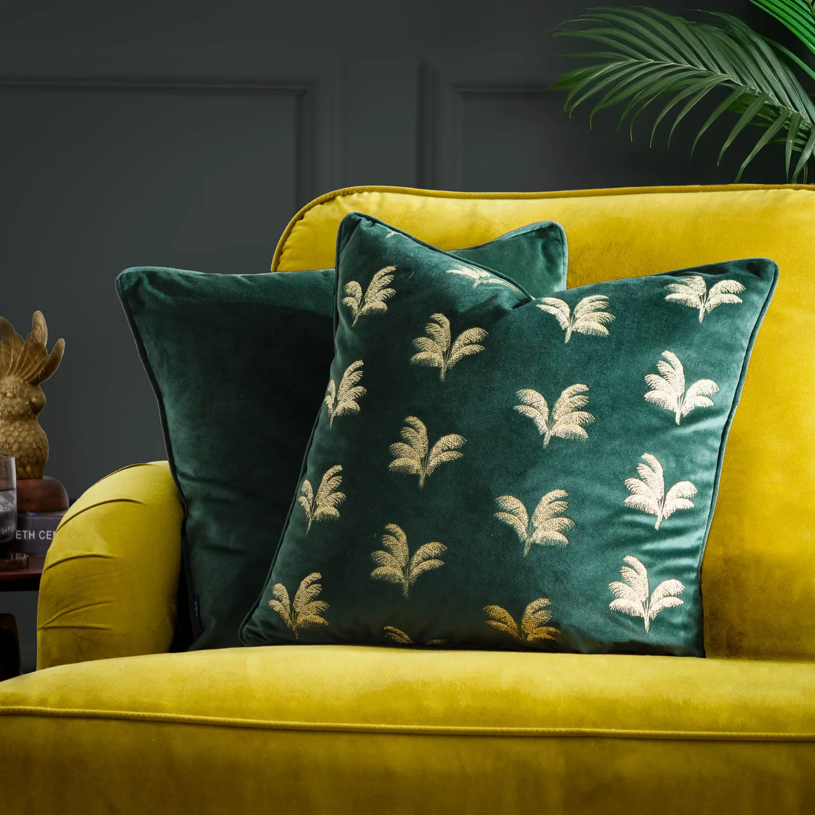 Paoletti Guilded Palms Embroidered Cushion in Emerald 1