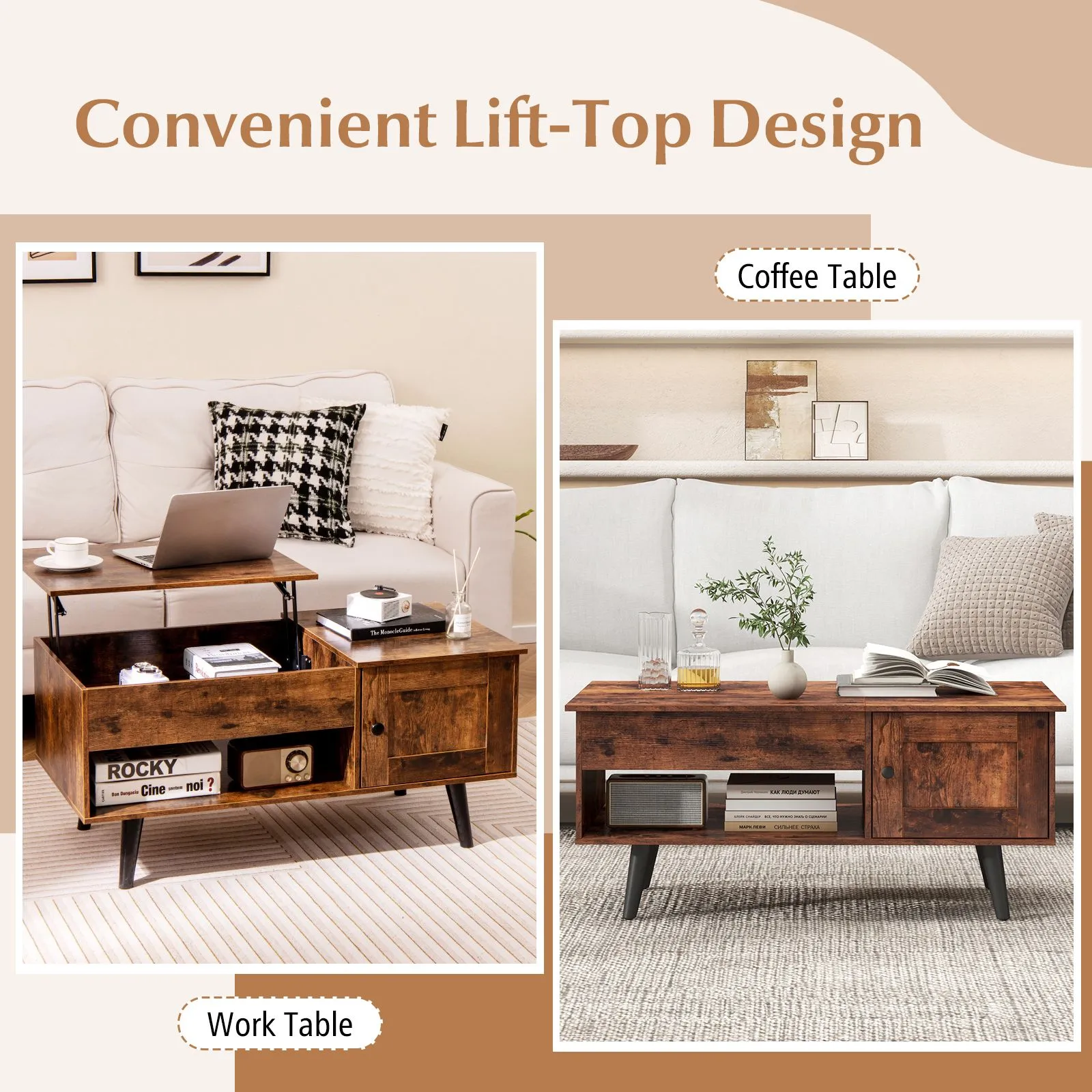 Costway Lift Top Coffee Table with Storage Flip Top Center Table with Cabinet in Brown 6